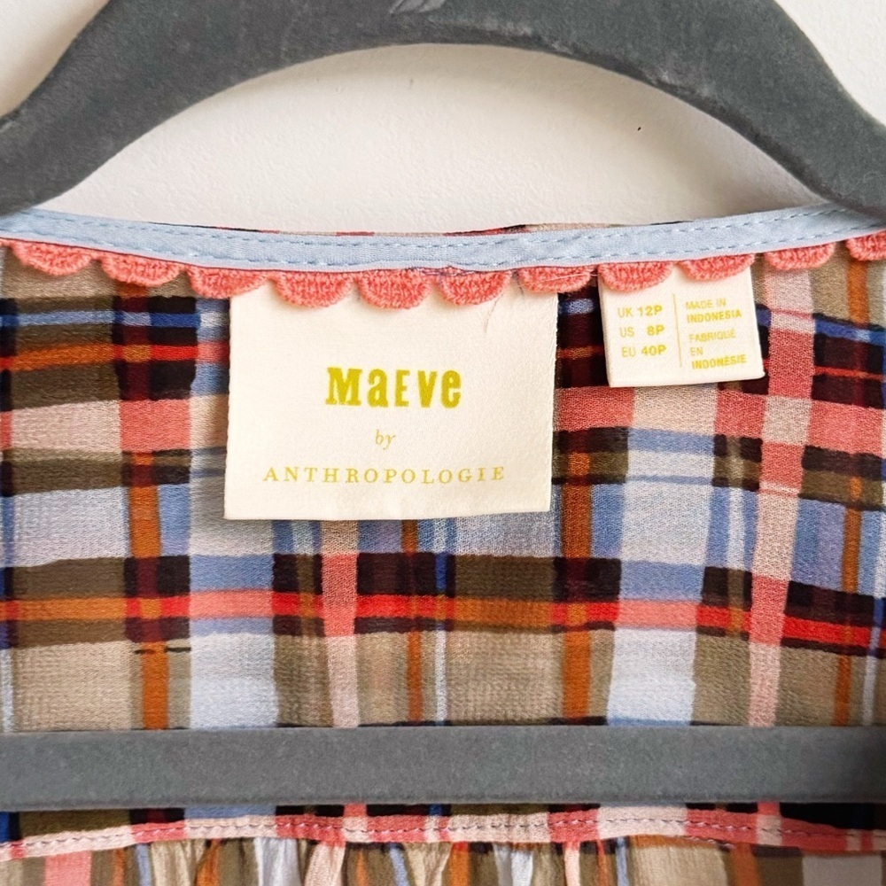 Maeve Anthropologie Laila Plaid Ruffle Blouse Romantic Fall Prep 8 petite - Picture 6 of 6